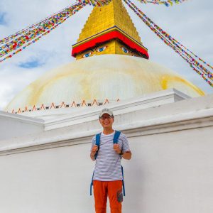 Andy beneath the Buddha's eyes in Nepal